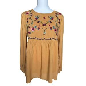 Jodifl Mustard Yellow Floral Embroidered Babydoll Tunic Top Small Boho NWT